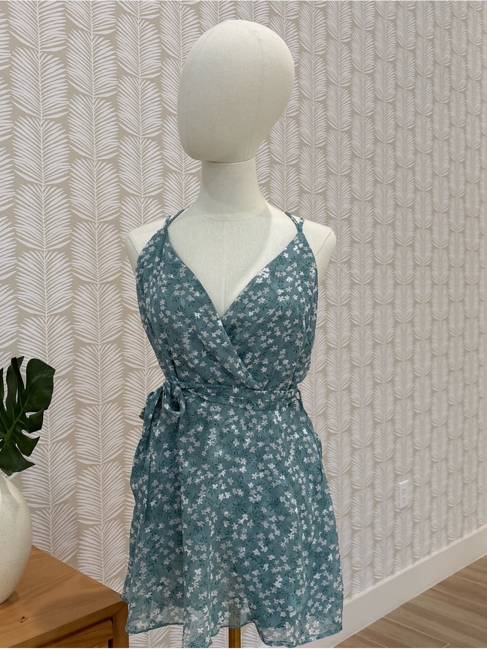 Revamped Teal Floral Wrap Mini Dress with Tie Waist